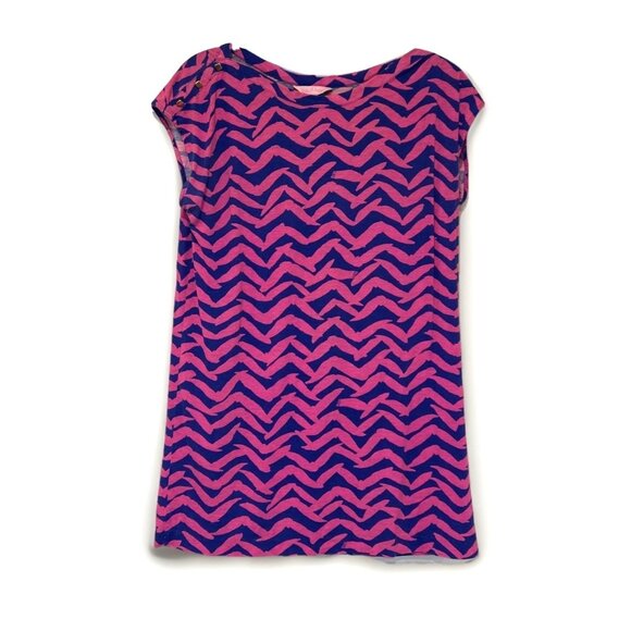 Pink & Blue Chevron Bird Print Dress Casual Sleeveless Short Mini M - Picture 1 of 10